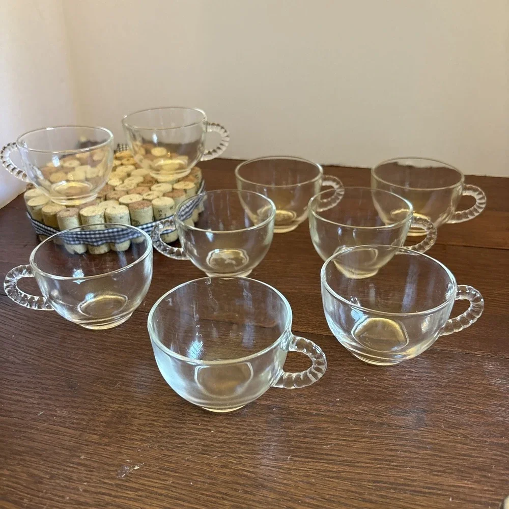 Federal‎ Glass Lot Set Of 9 Vintage Beaded Handle Punch Cups Tea Coffee Clear
